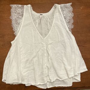 Free People Deep V-Neck Boho Hippie Peasant Cropped Blouse, White, Small, Lace